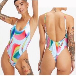 Fabletics Low Back Pride Carnaval Multicolor Stretch One Piece Swimsuit L NWT!